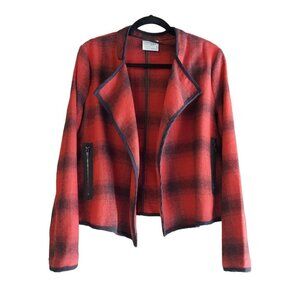 Ruff Hewn Grey Women's Red & Black Plaid Open Front Wool Blend Jacket